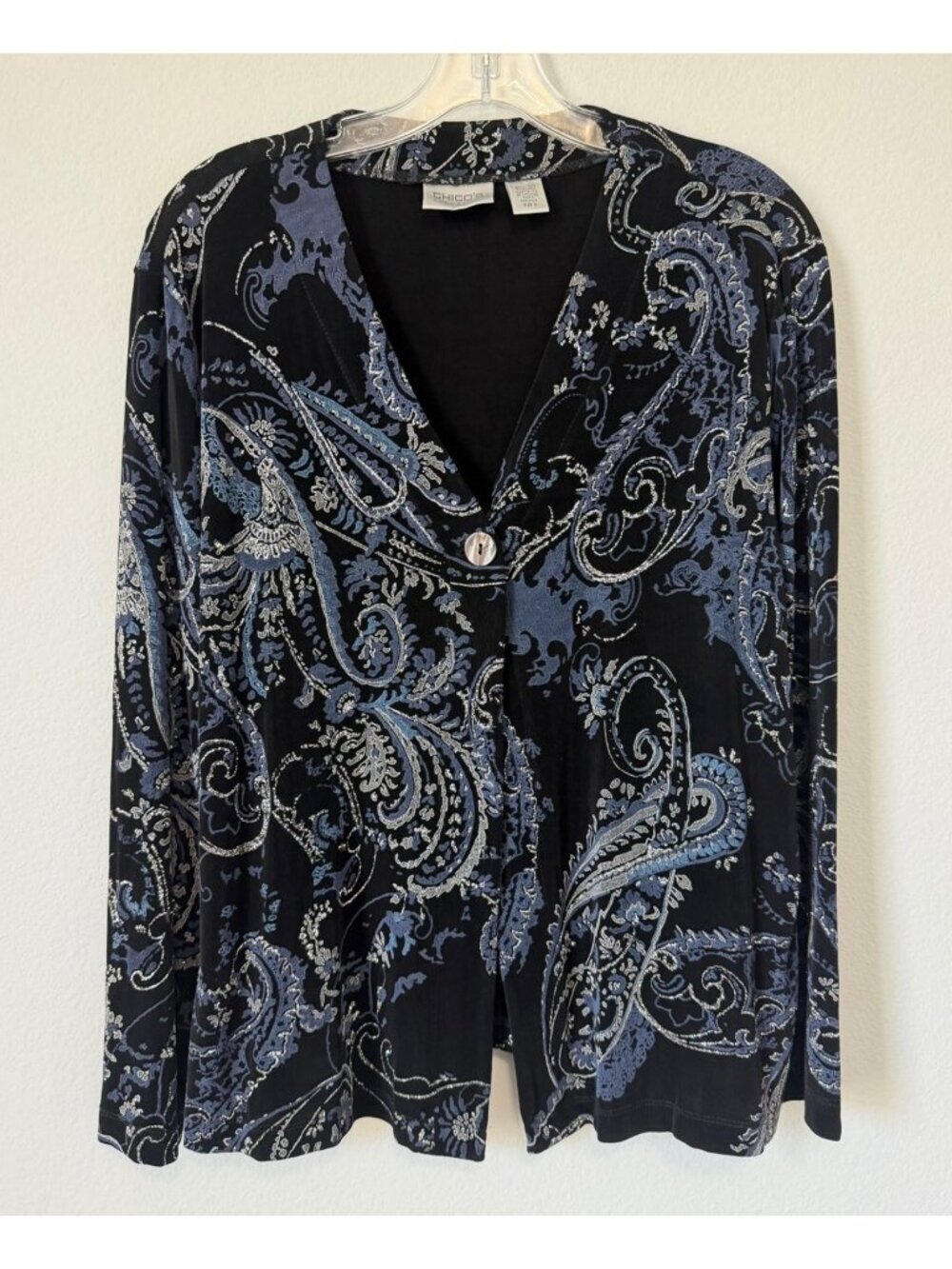 Chico's Travelers V-Neck One Button Paisley Cardigan Sweater Women's Size 2 (L)